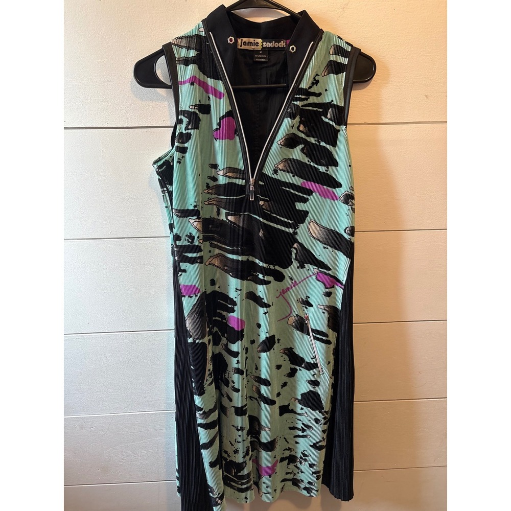 Jamie Sadock Womens Sunburst Pleated Golf Dress Blue  Black Abstract Zip M